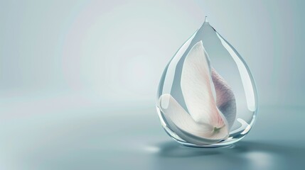 Fototapeta premium Delicate pink rose petal floating in crystal teardrop with soft background and gentle shadows