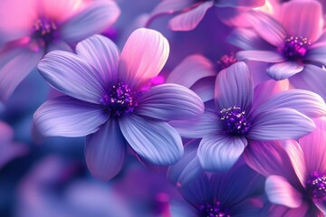Obraz premium Vibrant purple flowers blend together in a dreamy garden at twilight, creating an enchanting atmosphere of serenity and beauty. Generative AI