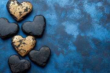 Heart Shapes in Black and Gold on Textured Blue Background