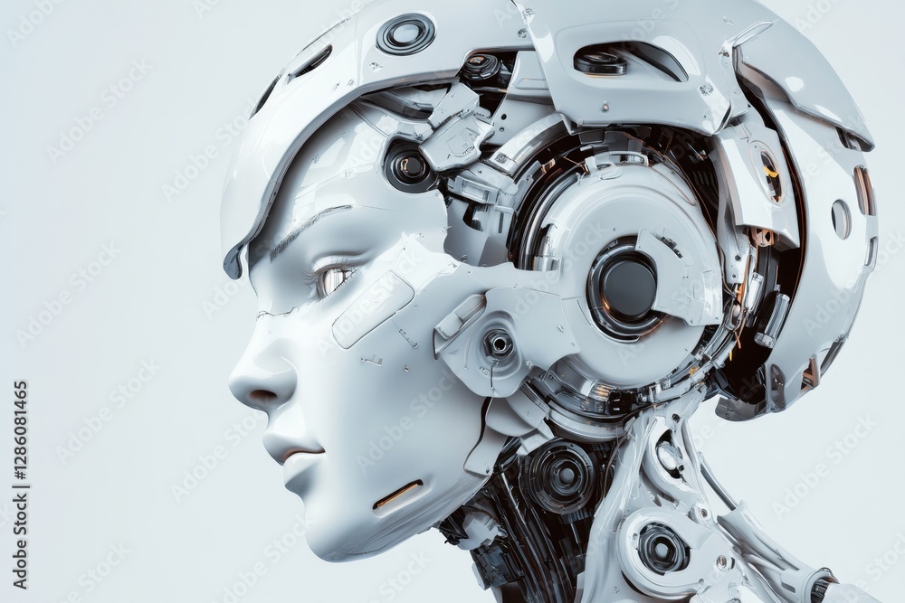 Poster exploring the fusion of technology and humanity through a realistic robotic head design set against 