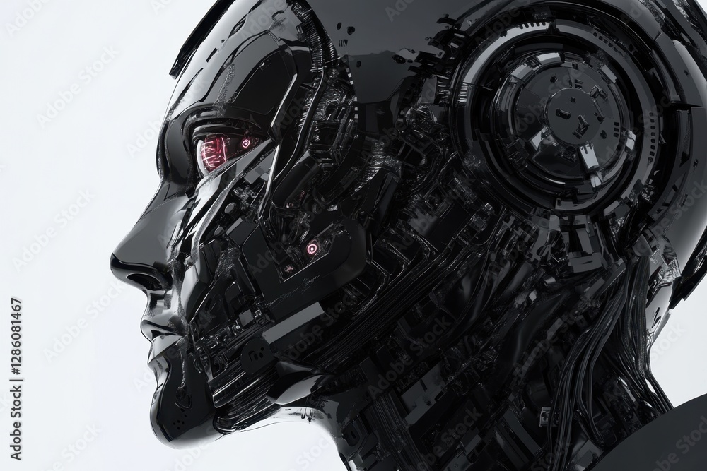 Poster futuristic robotic figure with intricate design showcasing advanced technology and sleek features in