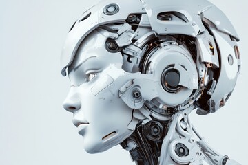 Fototapeta premium Exploring the fusion of technology and humanity through a realistic robotic head design set against a minimalistic backdrop. Generative AI