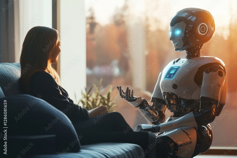 Poster engaging conversation between a humanoid robot and a curious woman in a cozy setting at sunset. gene