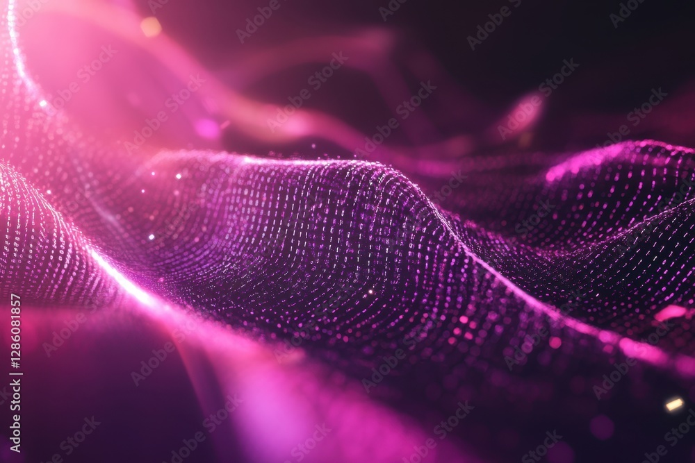 Poster luminous purple waves ripple gently through a digital universe of glowing lights and patterns in a m