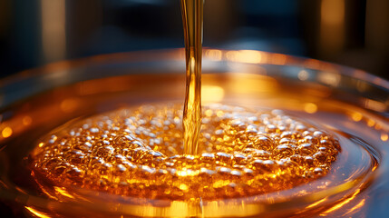 Golden Pour: A close-up shot showcasing the mesmerizing flow of a golden liquid, capturing its viscous texture and shimmering surface as it cascades into a clear glass container.