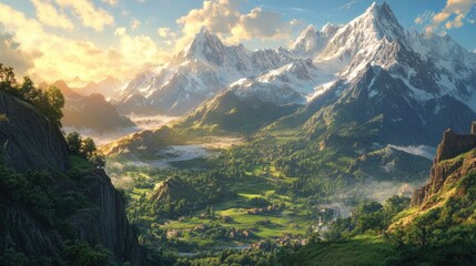 Naklejka premium Majestic Mountain Valley Panorama: A Serene Landscape