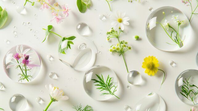 Natural cosmetic research with herbs, chamomile and lavender in water drops on white background, top view