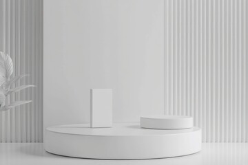 Product displays on a minimalistic 3D podium with space for messaging.
