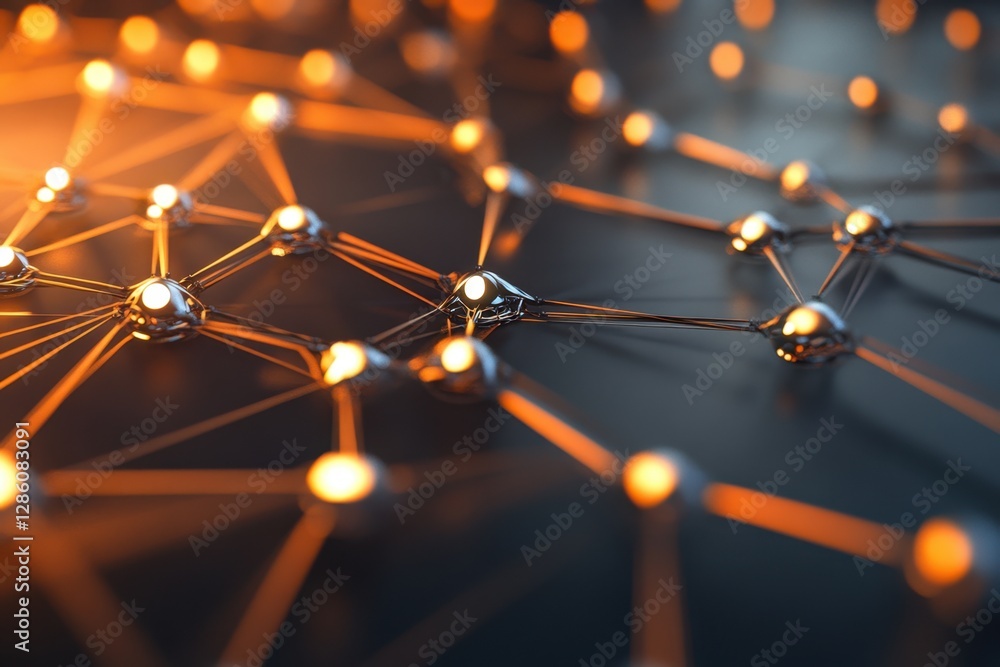 Poster Visual representation of a dynamic network with luminous nodes and intricate connections glowing in a dark setting. Generative AI