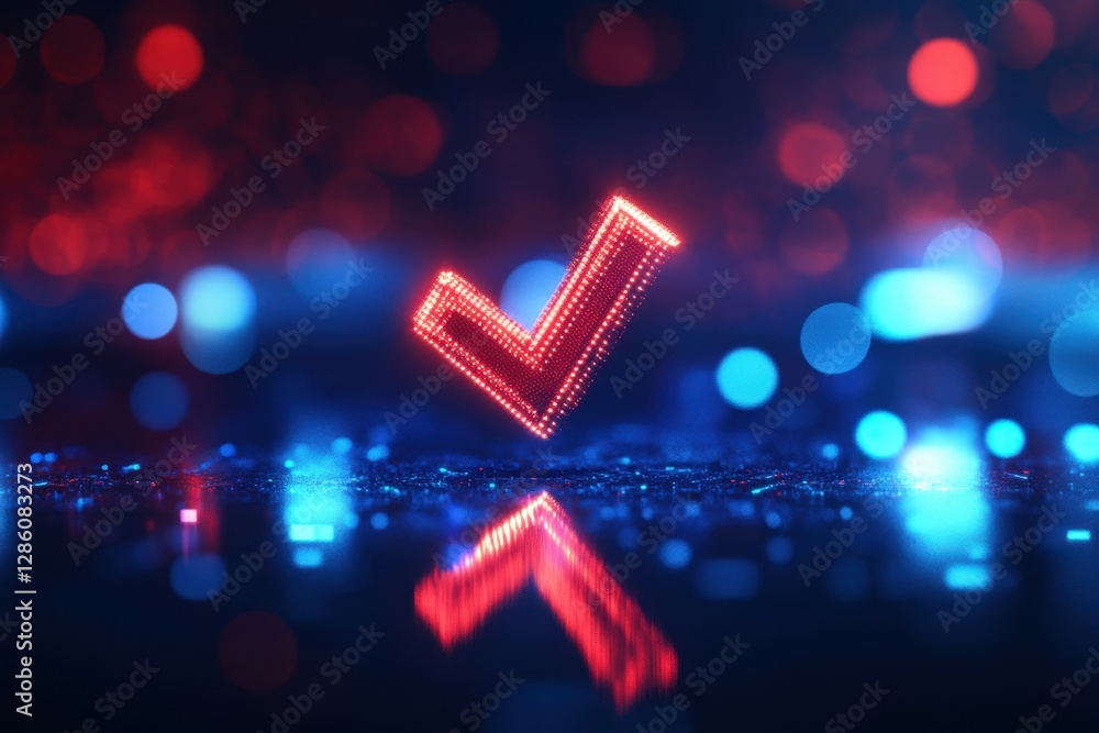 Poster illuminated digital check mark glows vividly against a dark background with colorful orbs reflecting