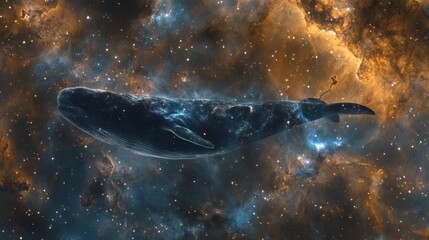 Fototapeta premium A massive space whale floats through an electric-blue nebula, leaving a trail of stardust
