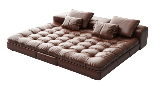 Modern brown leather sofa with tufted design and cushions for comfortable living room seating