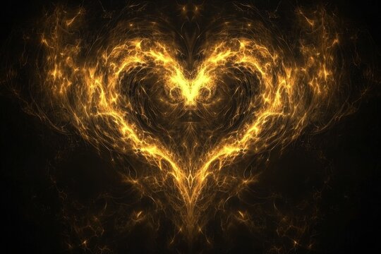 Bright Golden Heart Abstract Art on Dark Background