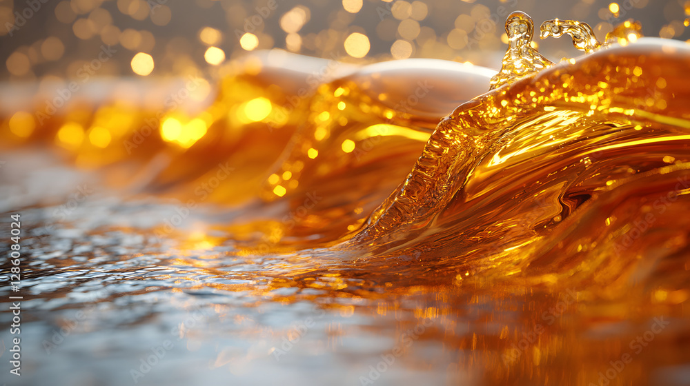 Poster golden wave of liquid: a mesmerizing macro shot of a golden liquid forming a wave, capturing the dyn