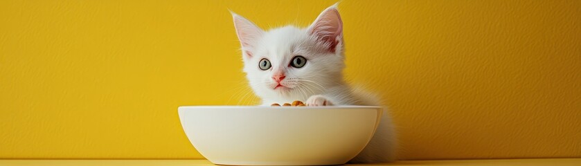 Adorable white kitten in a bowl with vibrant yellow background.