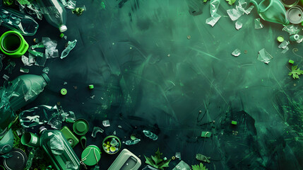 A vibrant green flat lay of various recyclable items and fresh ingredients on a textured surface