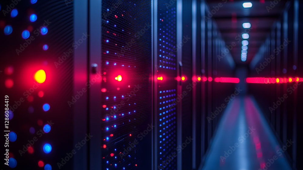 Poster data fortress: a long, modern server room with rows of blinking lights, representing the heart of di
