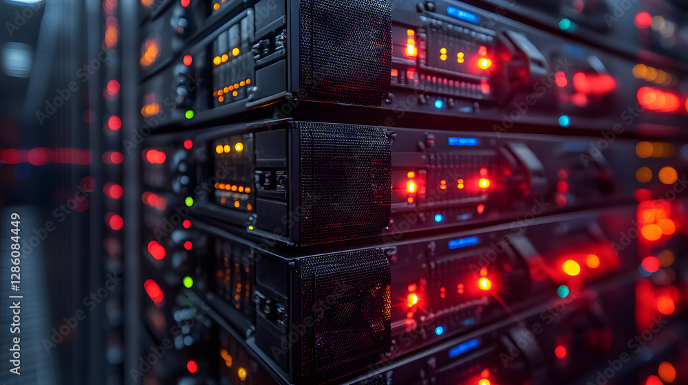 Poster illuminated server rack: a detailed shot of a server rack glowing with vibrant lights, depicting the