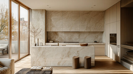 Elegant minimalist kitchen with handleless cabinets, marble countertops, and a neutral color palette for a clean, sophisticated look