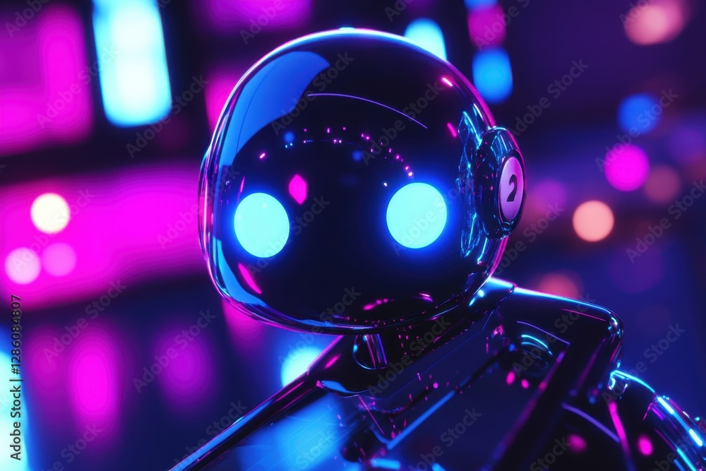 Poster futuristic robot model stands out with glowing features in an abstract neon environment during a nig
