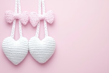 Soft Pink Background with Knitted Heart and Bow Decorations