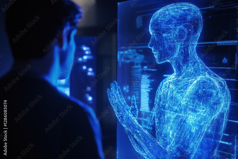 Poster exploring the connection between human intuition and artificial intelligence in a futuristic setting