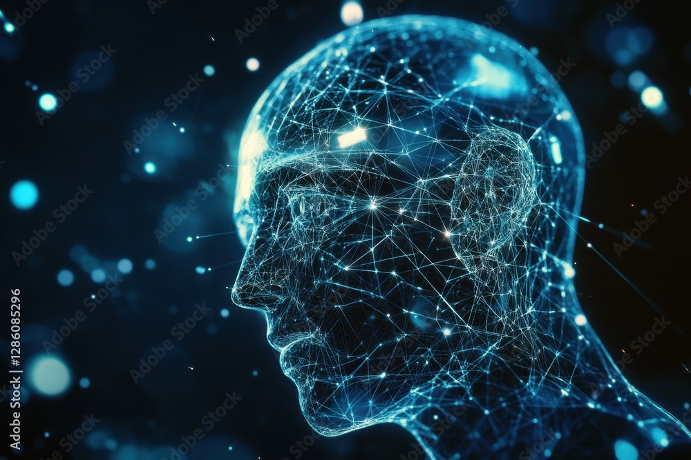 Poster exploring the future of artificial intelligence through a luminous digital head representation. gene
