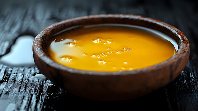 Golden Elixir in Rustic Bowl: A close-up captures the essence of a golden, honey-like liquid in a rustic, earthenware bowl, evoking warmth, natural simplicity, and culinary charm.