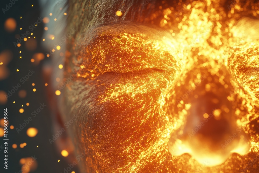 Aufkleber transformative art depicting a human face illuminated by glowing particles resembling molten lava in