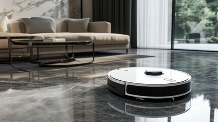Sleek white robotic vacuum cleaning a modern minimalist living room floor