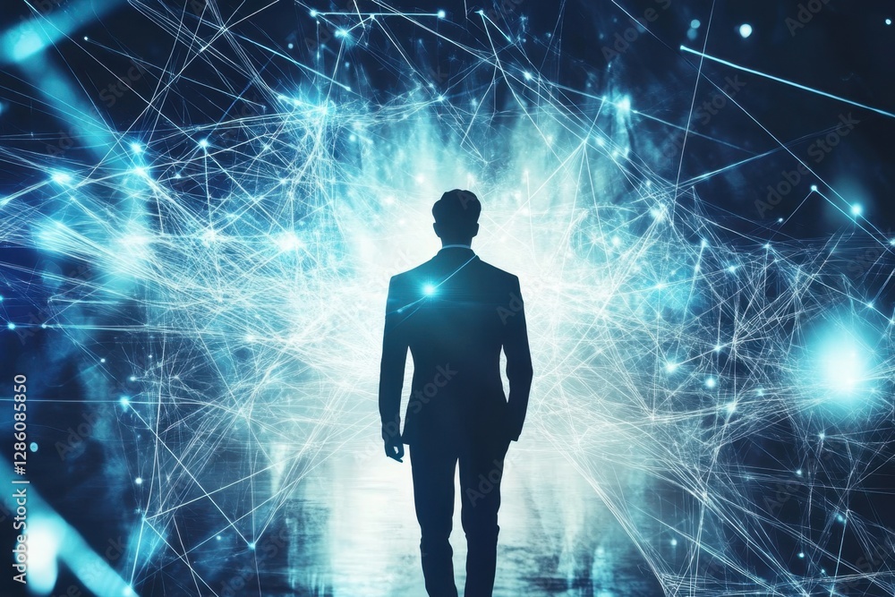 Poster journey into the digital realm as a figure steps forward into a world of light and connectivity at t