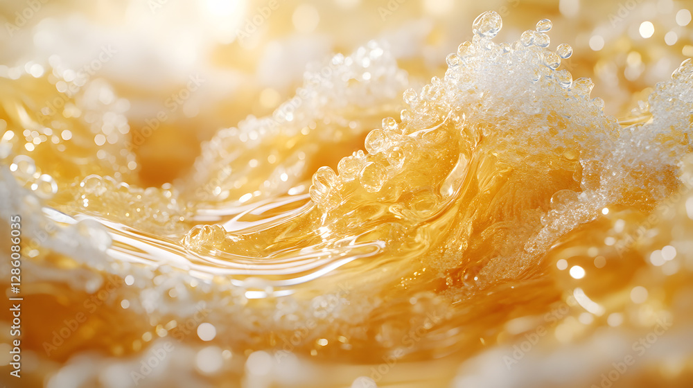 Poster swirling brew: a macro shot of a frothy, golden liquid, capturing the intricate textures of foam and