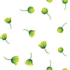Yellow green Tulips Seamless Pattern, Watercolor Floral Print, Spring Garden Botanical Illustration on White
