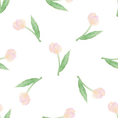 Pink Tulips Seamless Pattern, Watercolor Floral Print, Spring Garden Botanical Illustration on White