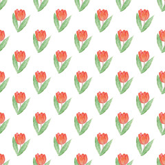 Red yellow Tulips Seamless Pattern, Watercolor Floral Print, Spring Garden Botanical Illustration on White