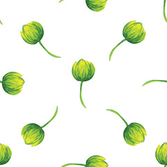 Yellow green Tulips Seamless Pattern, Watercolor Floral Print, Spring Garden Botanical Illustration on White