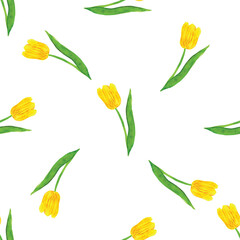 Yellow green Tulips Seamless Pattern, Watercolor Floral Print, Spring Garden Botanical Illustration on White