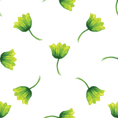 Yellow green Tulips Seamless Pattern, Watercolor Floral Print, Spring Garden Botanical Illustration on White