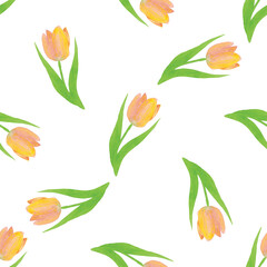 Red yellow Tulips Seamless Pattern, Watercolor Floral Print, Spring Garden Botanical Illustration on White