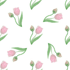 Pink Tulips Seamless Pattern, Watercolor Floral Print, Spring Garden Botanical Illustration on White