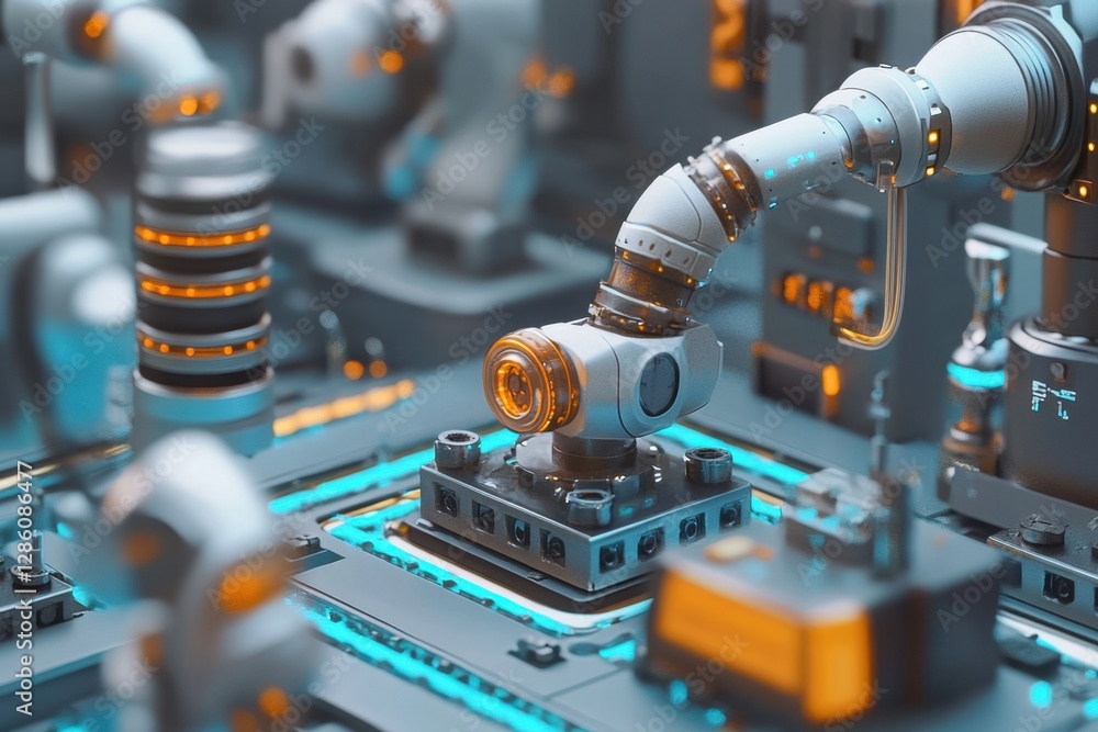 Poster futuristic assembly line technology showcases a robotic arm performing precise tasks in a high-tech 
