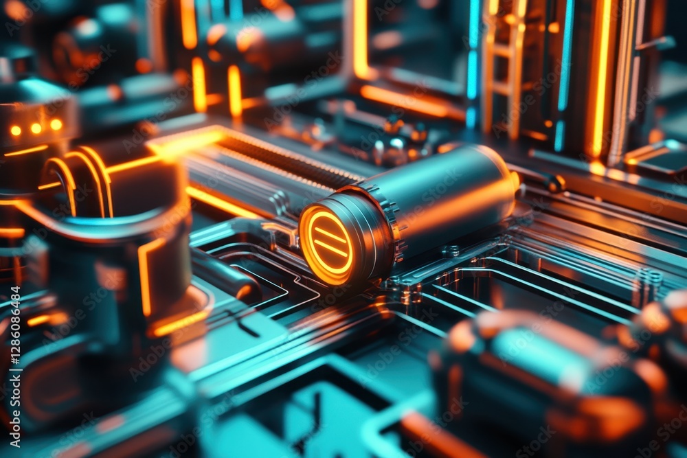 Poster transformative circuits illuminated in electric blue and orange hues create a mesmerizing digital en