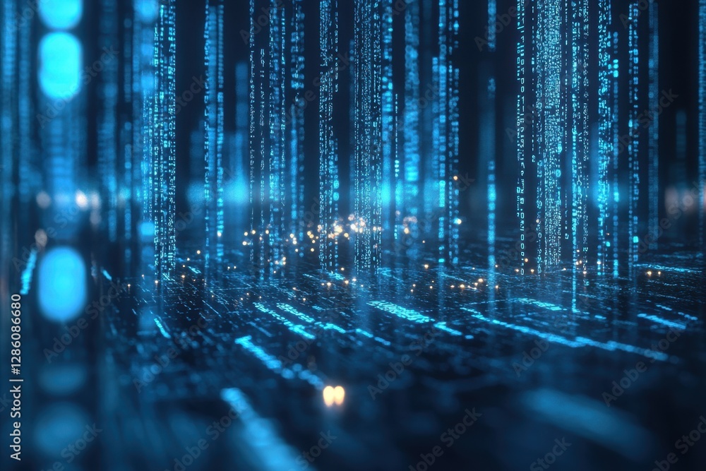 Poster vibrant blue patterns illuminate a digital landscape, where streams of data flow in rhythmic motion 