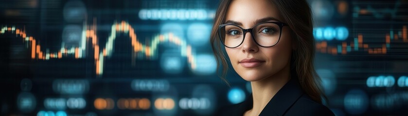 Fototapeta premium Businesswoman standing in front of digital financial charts, representing corporate growth, trading success, and leadership in the global market
