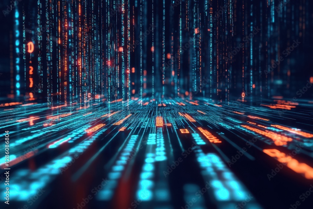 Poster Digital streams of vibrant data flow through a futuristic landscape in a mesmerizing display of technology and innovation. Generative AI