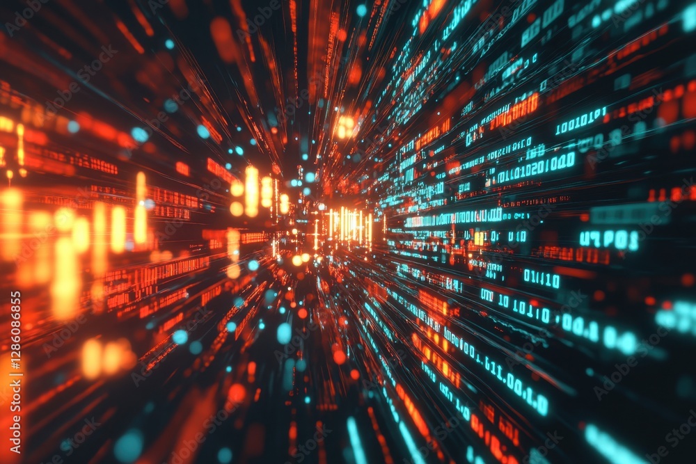 Poster Dynamic data flow in a vibrant neon universe, showcasing a mesmerizing display of colors and patterns. Generative AI
