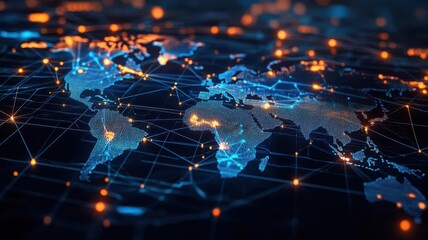 Fototapeta premium Global map made of glowing connection lines over dark background, highlighting international trading routes and corporate network integration
