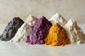 Fototapeta premium Collection of rare earth mineral powders in different colors, displayed in small mounds