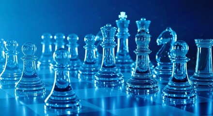 Glass chess pieces on a board symbolize strategic planning and foresight, transformation