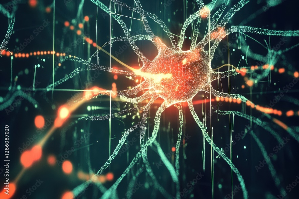 Aufkleber exploring the intricate world of neurons and synapses in a vibrant digital landscape. generative ai